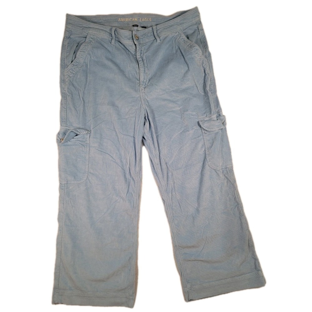 American Eagle Super‎ High Rise Baggy Wide Leg Corduroy Cargo Pants Size 18 Blue